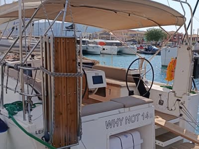 Cockpit of Why Not 14, a Dufour 390 sailboat at Municipal Unit of Lefkada, Greece