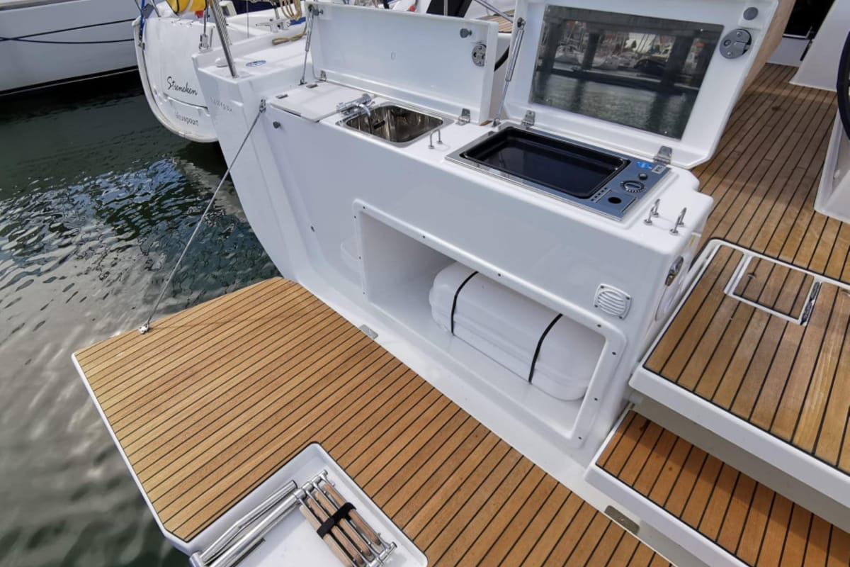 Deck of Why Not 14, a Dufour 390 sailboat at Municipal Unit of Lefkada, Greece