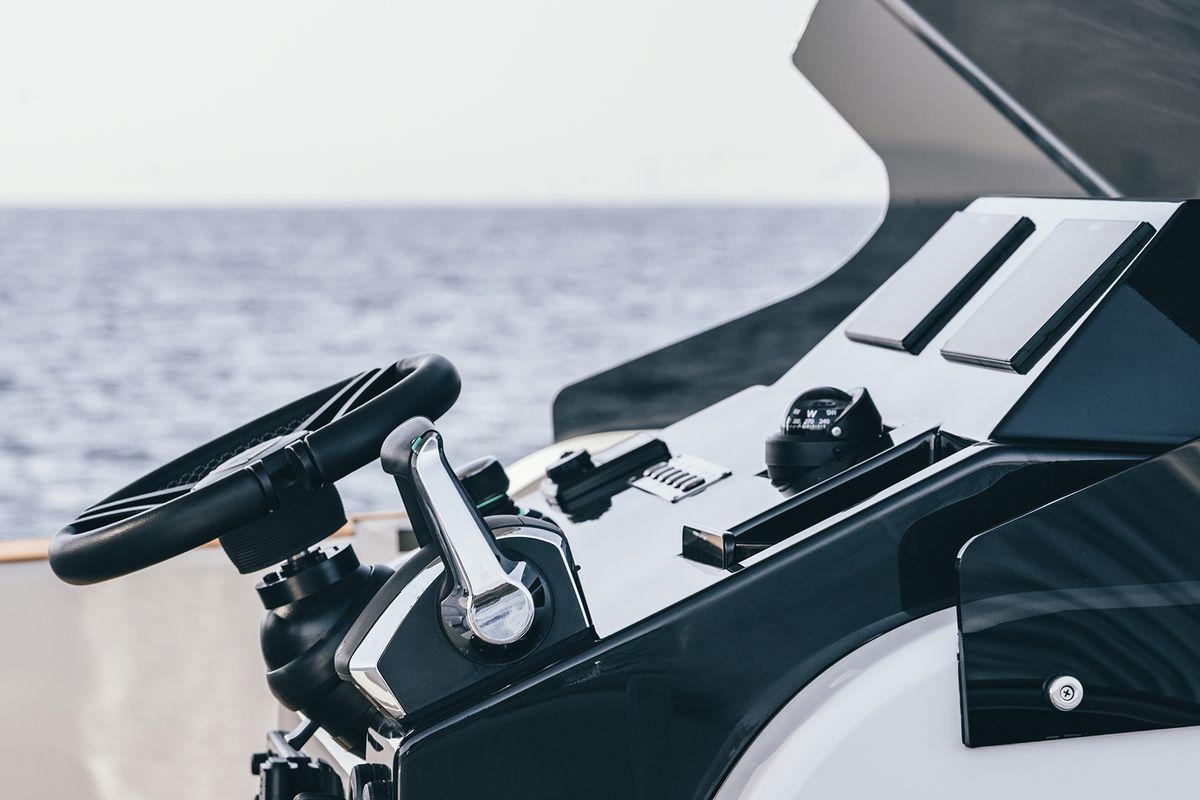 Cockpit of Origami, a Gulet Motorboat motorboat at Palma de Mallorca, Spain