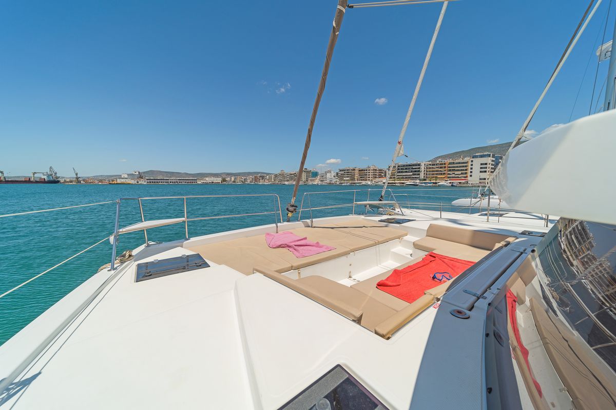 Deck of Neusis, a Bali 4.1 catamaran at Municipal Unit of Rhodes, Greece