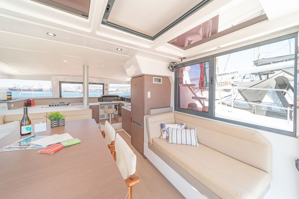 Salon of Neusis, a Bali 4.1 catamaran at Municipal Unit of Rhodes, Greece