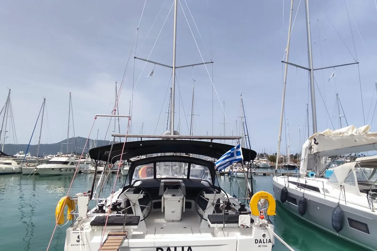 Exterior view of Dalia, a Beneteau Oceanis 51.1 sailboat at Kontokali, Greece