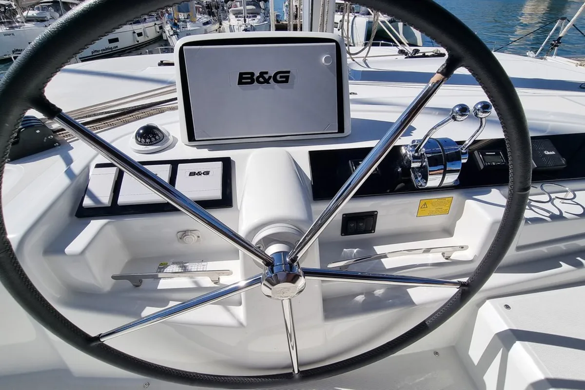 Cockpit of Magic Point, a Lagoon 46 catamaran at Split, Croatia