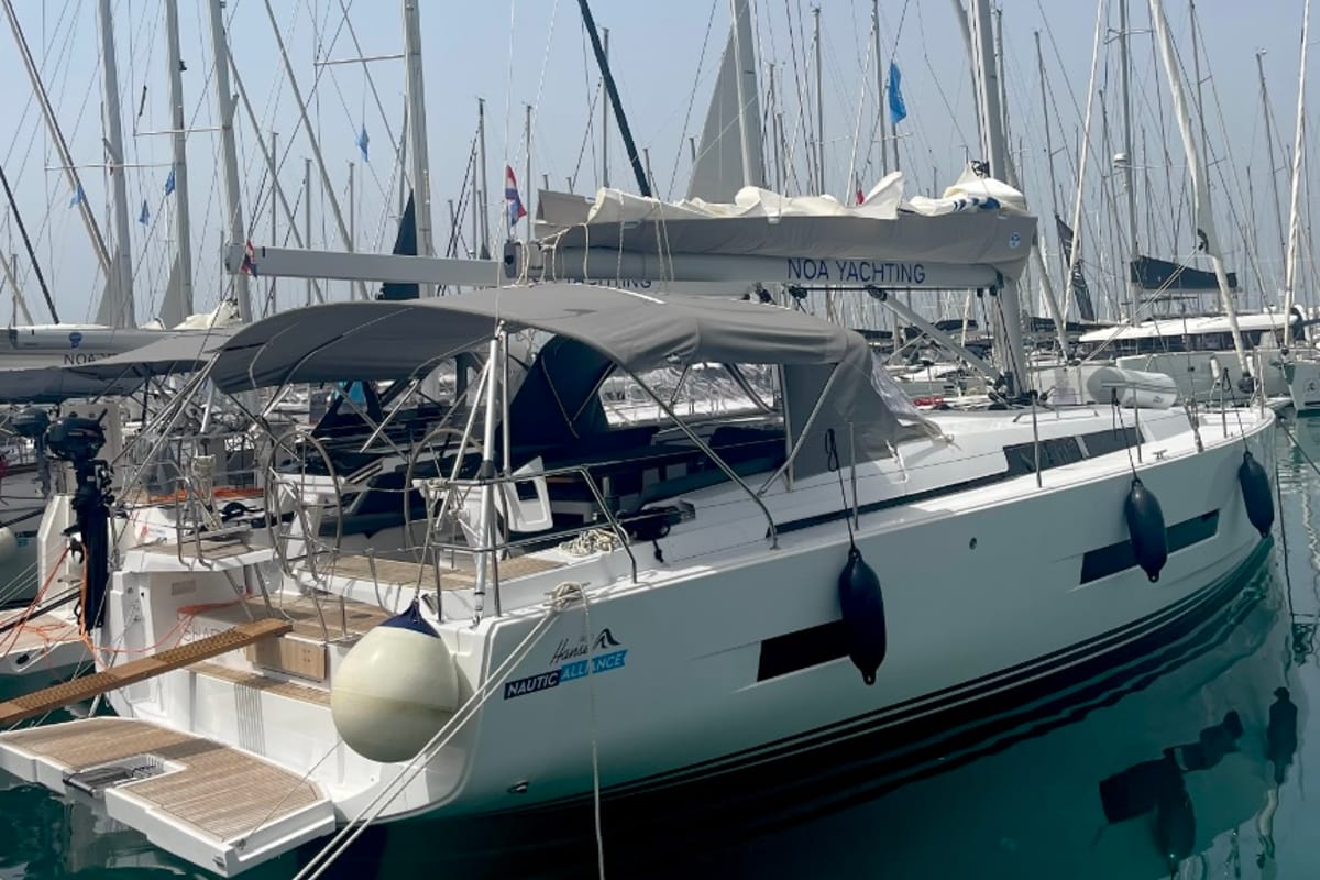 Exterior view of Shadow of the wind, a Hanse Yachts Hanse 460 sailboat at Grad Kaštela, Croatia