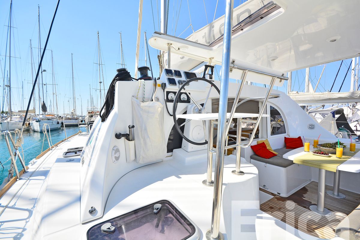 Cockpit of Erica, a Lagoon 380 S2 catamaran at Kos, Greece