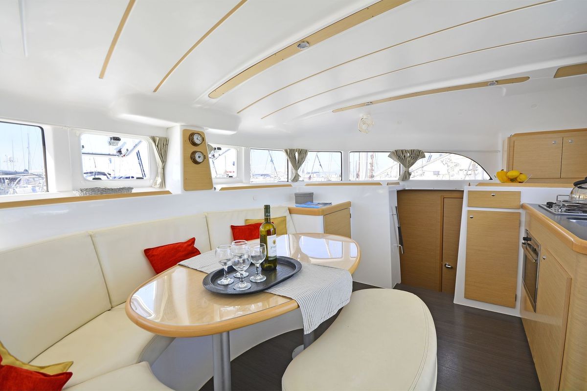 Salon of Erica, a Lagoon 380 S2 catamaran at Kos, Greece