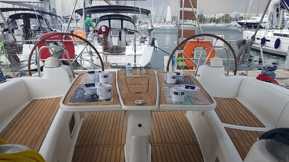 Cockpit of Sifnos 46.1, a Beneteau Oceanis 46 sailboat at Athens, Greece