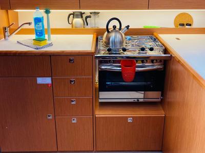 Galley of Simurg, a Bavaria C38 sailboat at Fethiye, Turkey
