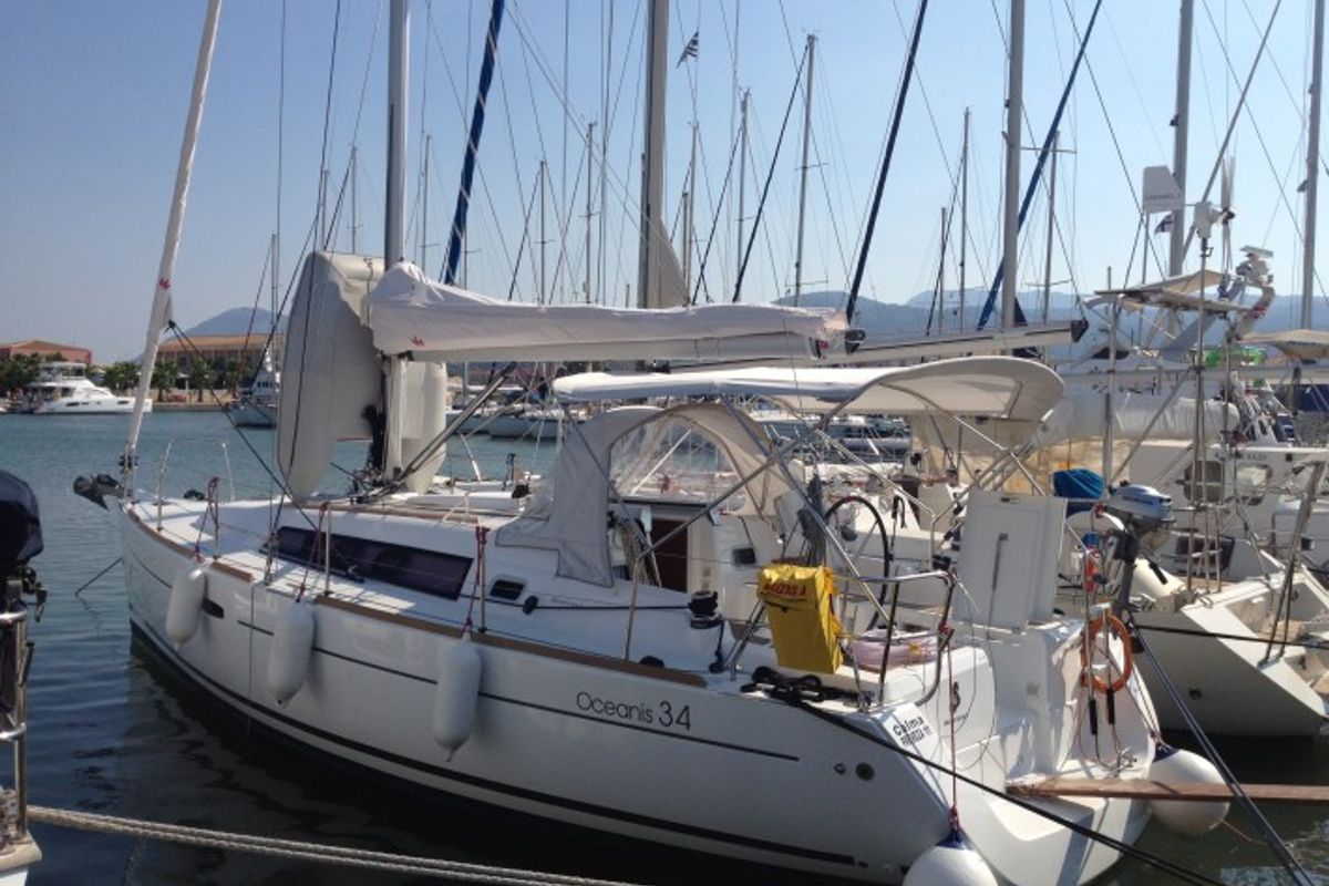Exterior view of Calma, a Beneteau Oceanis 34 sailboat at Municipal Unit of Lefkada, Greece