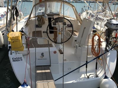 Cockpit of Calma, a Beneteau Oceanis 34 sailboat at Municipal Unit of Lefkada, Greece
