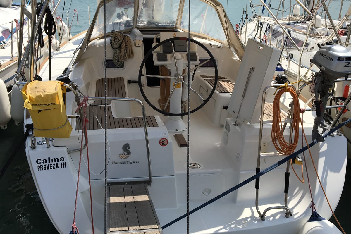 Cockpit of Calma, a Beneteau Oceanis 34 sailboat at Municipal Unit of Lefkada, Greece