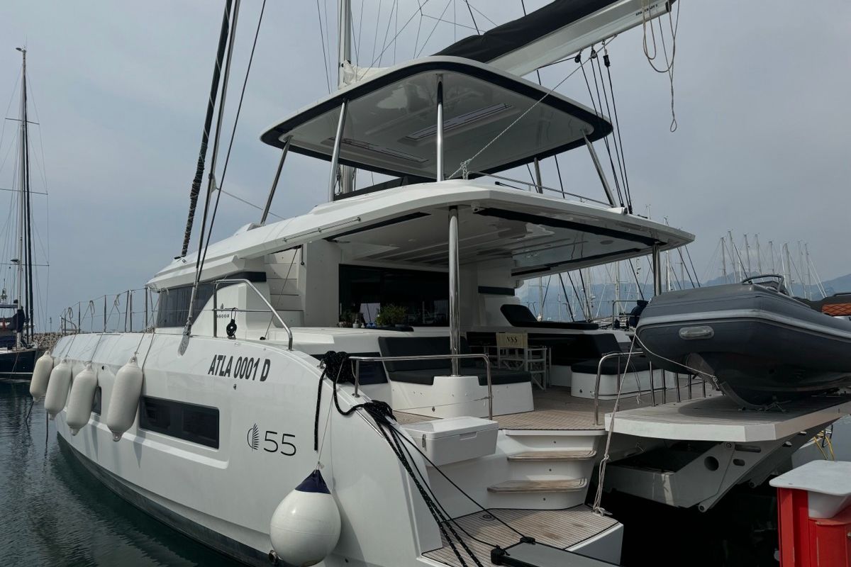 Exterior view of Jellyfish, a Lagoon 55 catamaran at Salerno, Italy