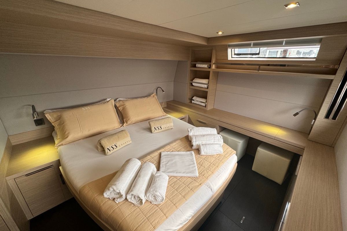 Cabin on Jellyfish, a Lagoon 55 catamaran at Salerno, Italy
