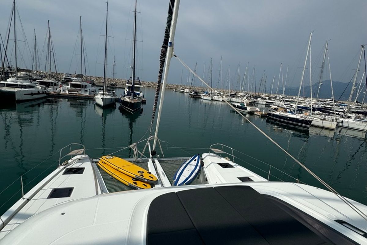 Deck of Jellyfish, a Lagoon 55 catamaran at Salerno, Italy