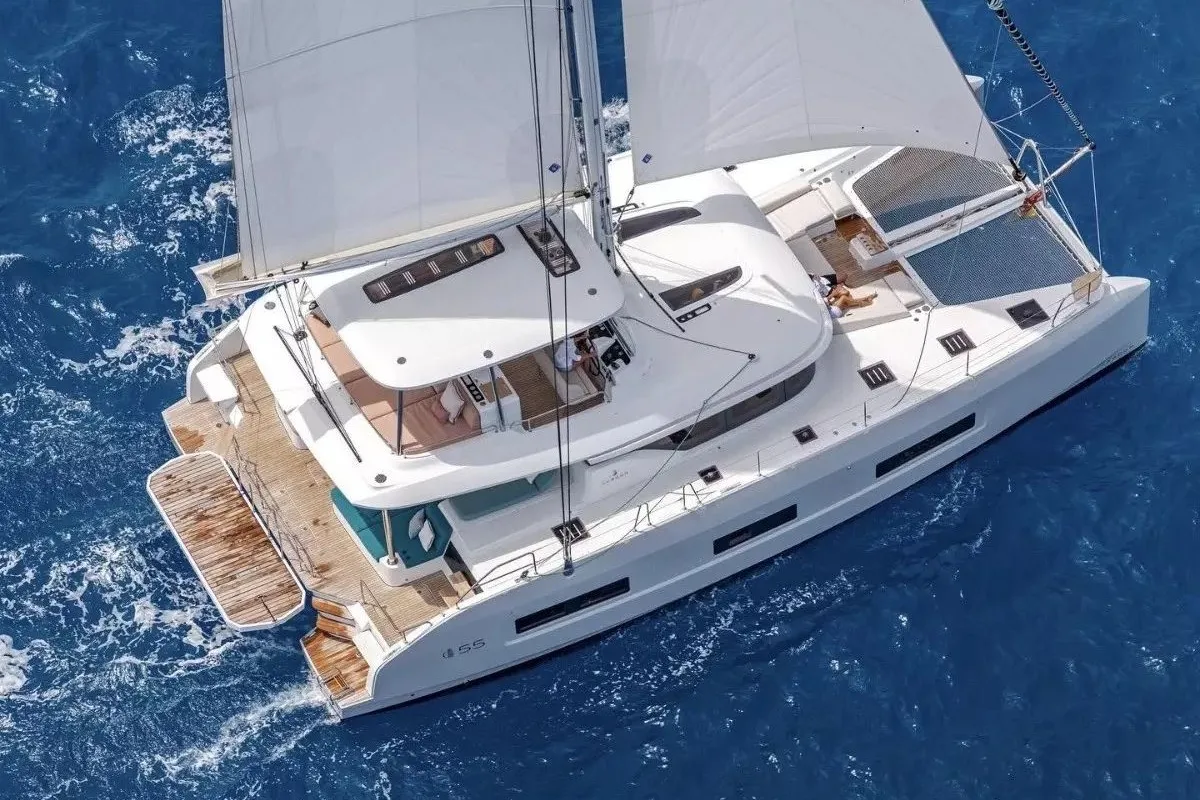 Exterior view of Jellyfish, a Lagoon 55 catamaran at Salerno, Italy