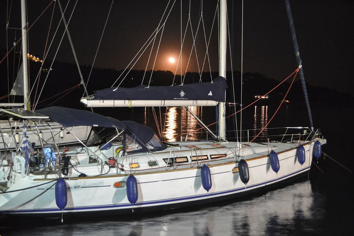 Exterior view of Anax, a Jeanneau Sun Odyssey 49i sailboat at Volos Municipality, Greece