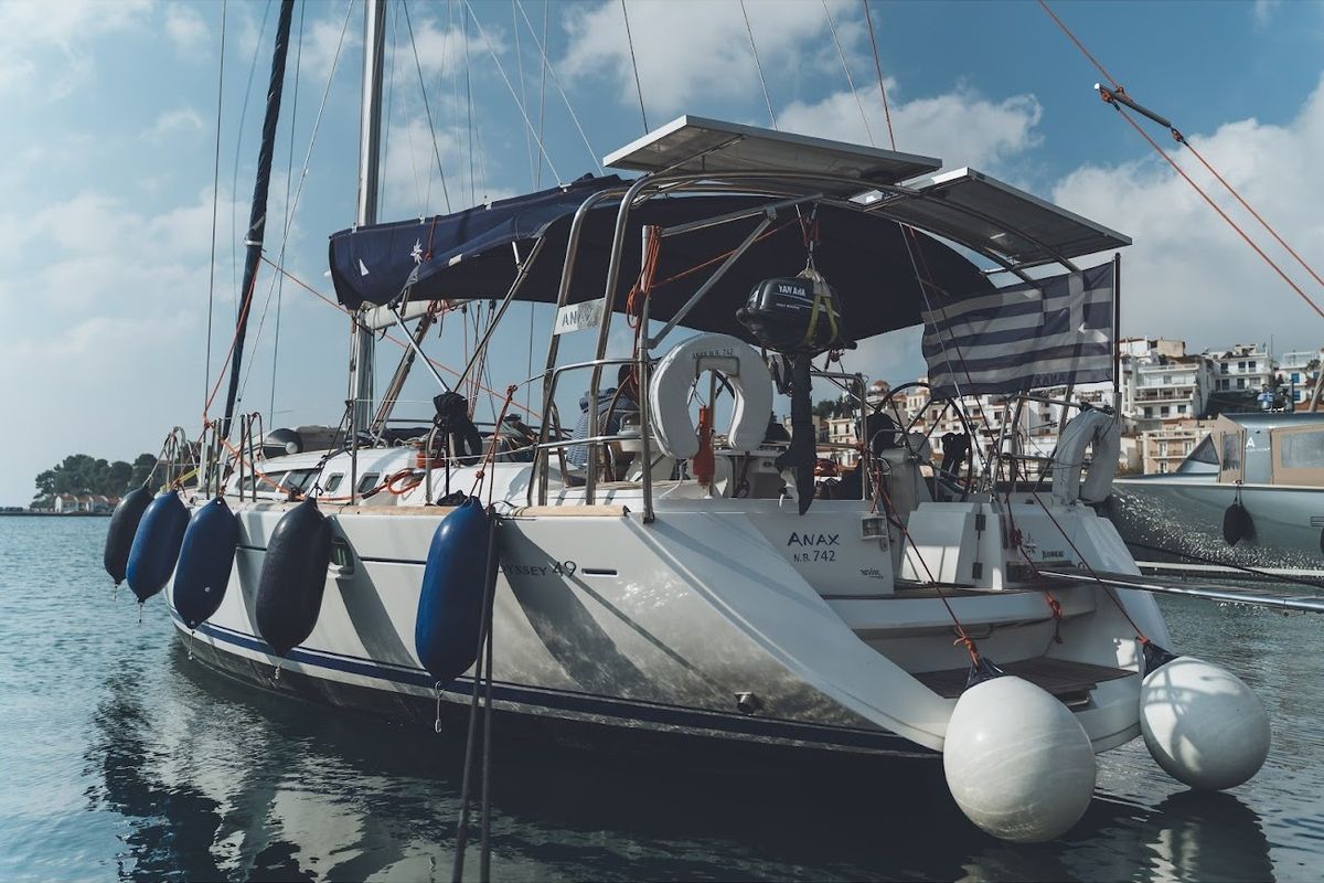 Exterior view of Anax, a Jeanneau Sun Odyssey 49i sailboat at Volos Municipality, Greece