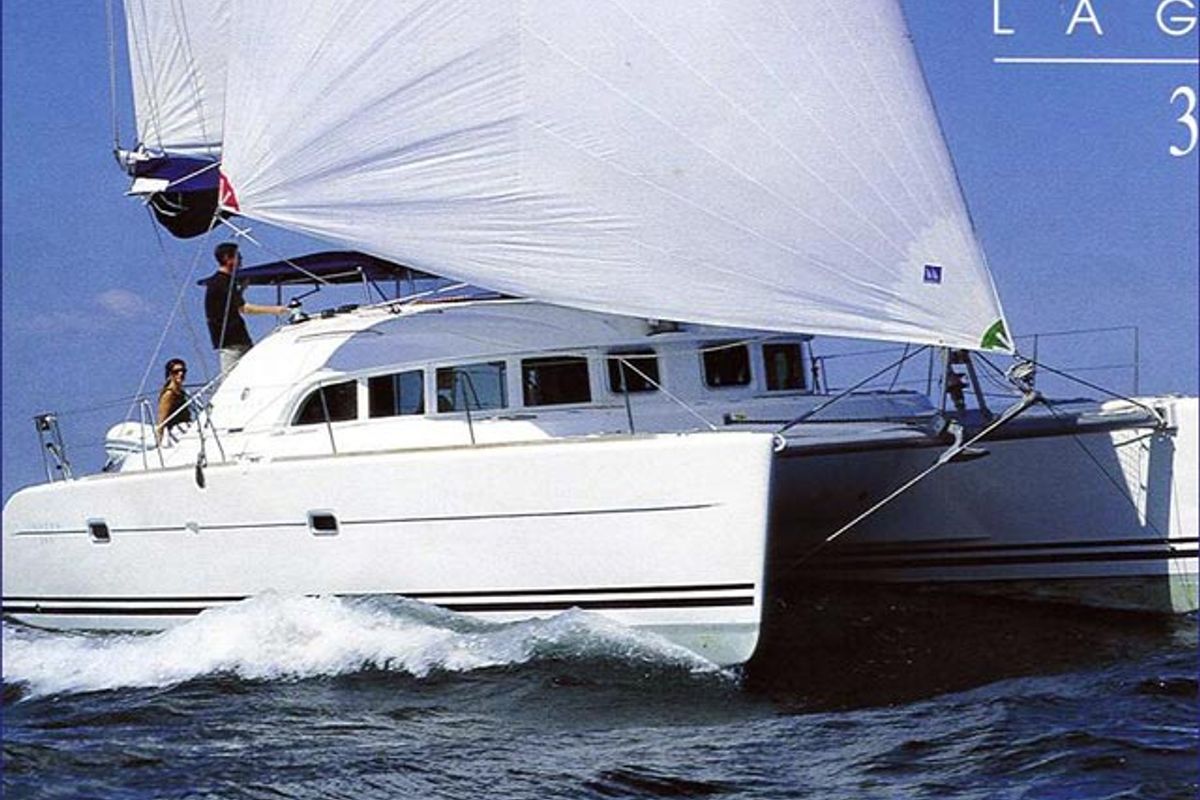 Exterior view of LANME, a Lagoon 380 catamaran at Propriano, France