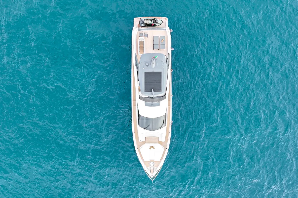 Solace 780, a Ferretti Ferretti 780 yacht at Dubai Harbour, United Arab Emirates