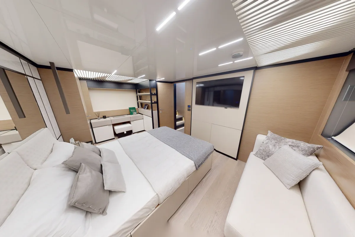 Solace 780, a Ferretti Ferretti 780 yacht at Dubai Harbour, United Arab Emirates