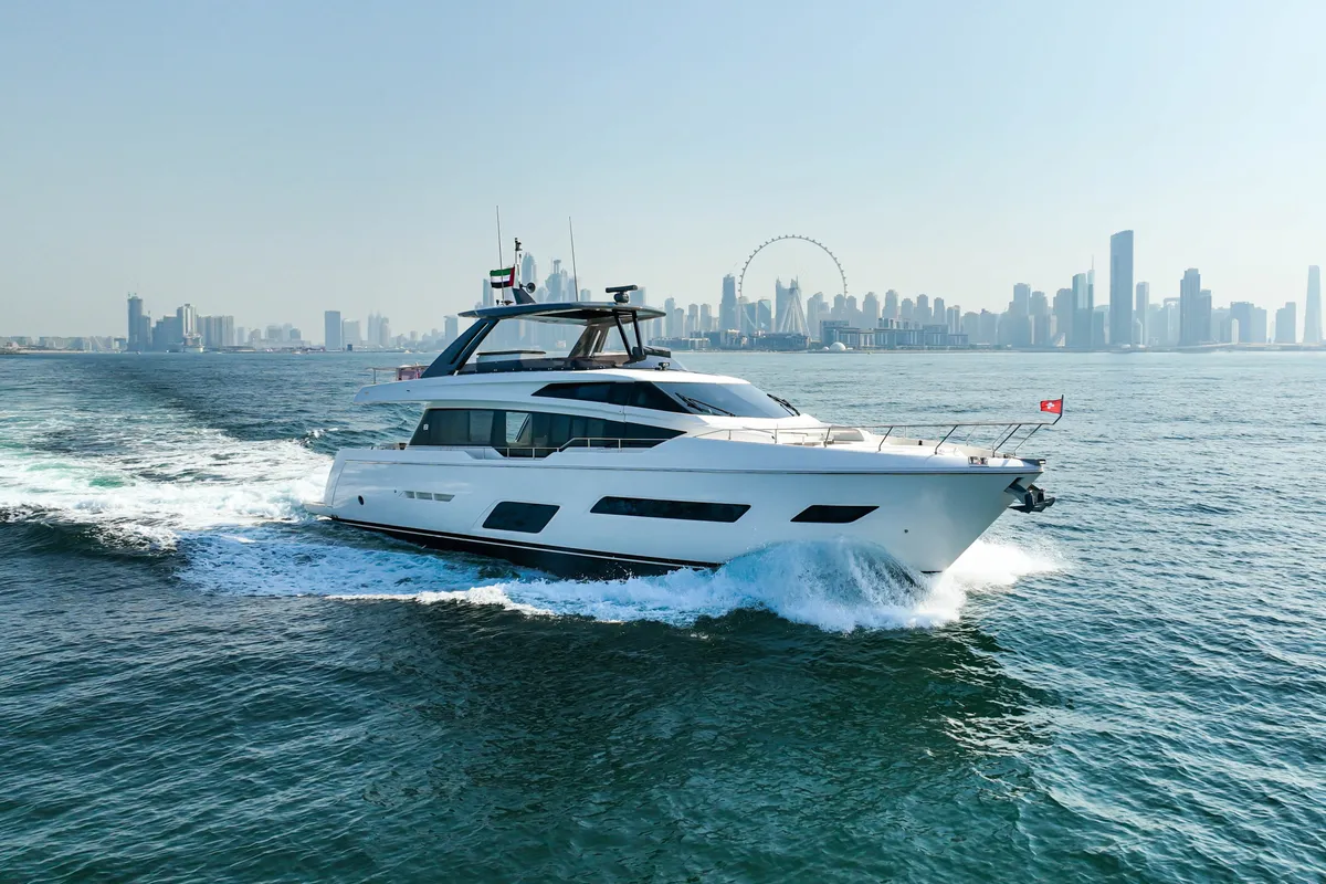 Solace 780, a Ferretti Ferretti 780 yacht at Dubai Harbour, United Arab Emirates