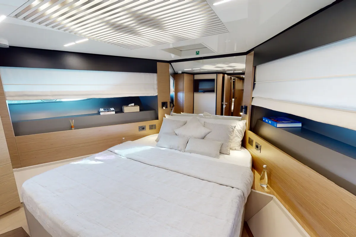 Solace 780, a Ferretti Ferretti 780 yacht at Dubai Harbour, United Arab Emirates