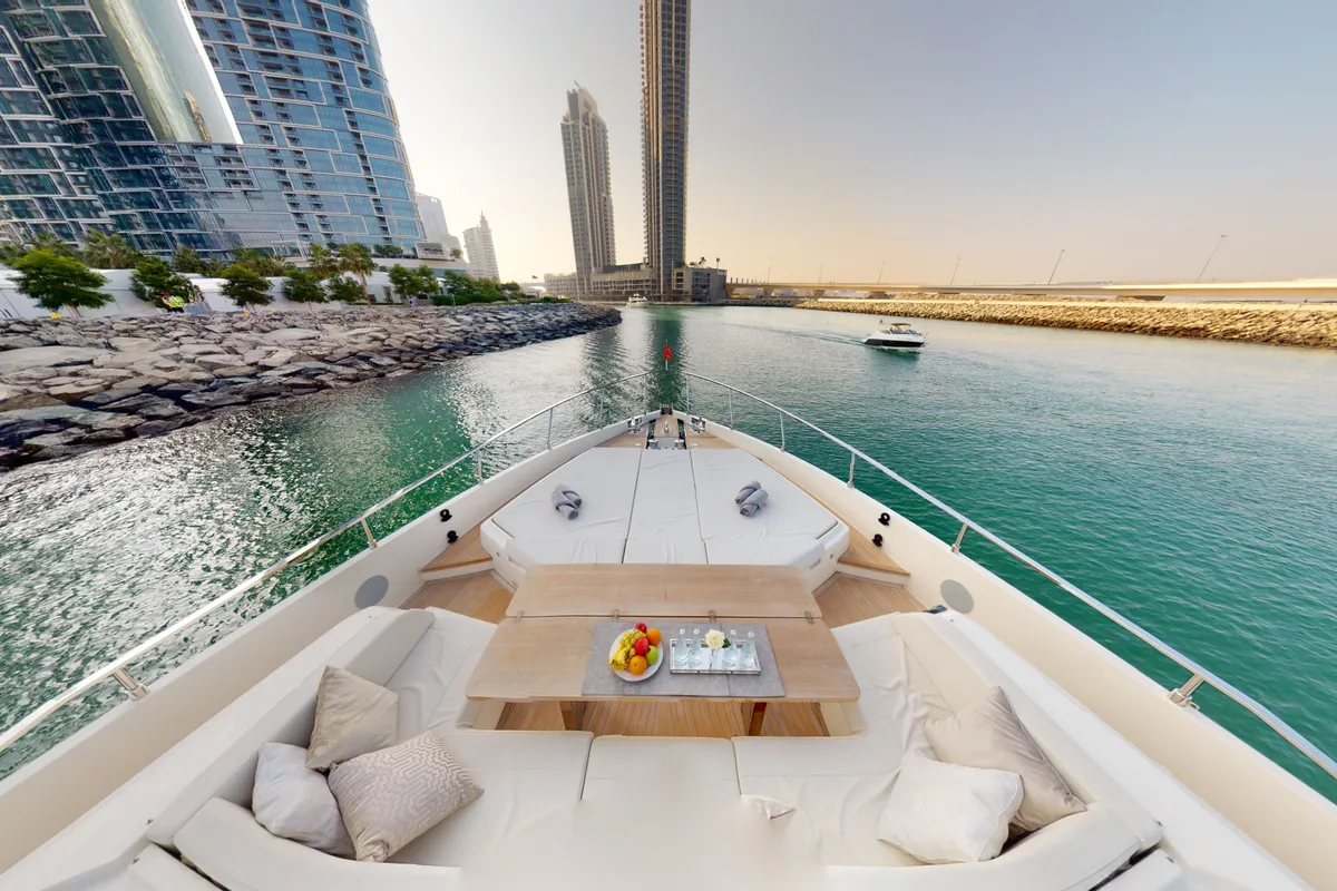 Solace 780, a Ferretti Ferretti 780 yacht at Dubai Harbour, United Arab Emirates