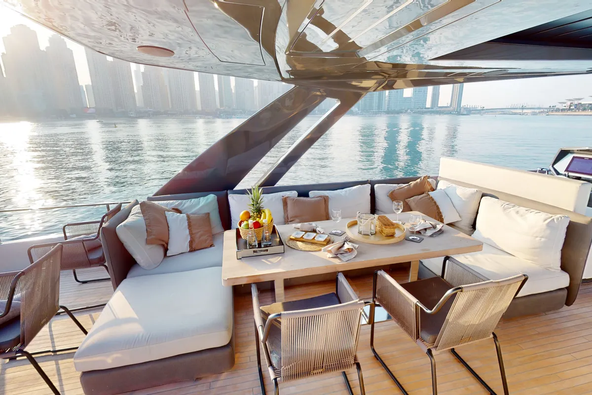 Solace 780, a Ferretti Ferretti 780 yacht at Dubai Harbour, United Arab Emirates