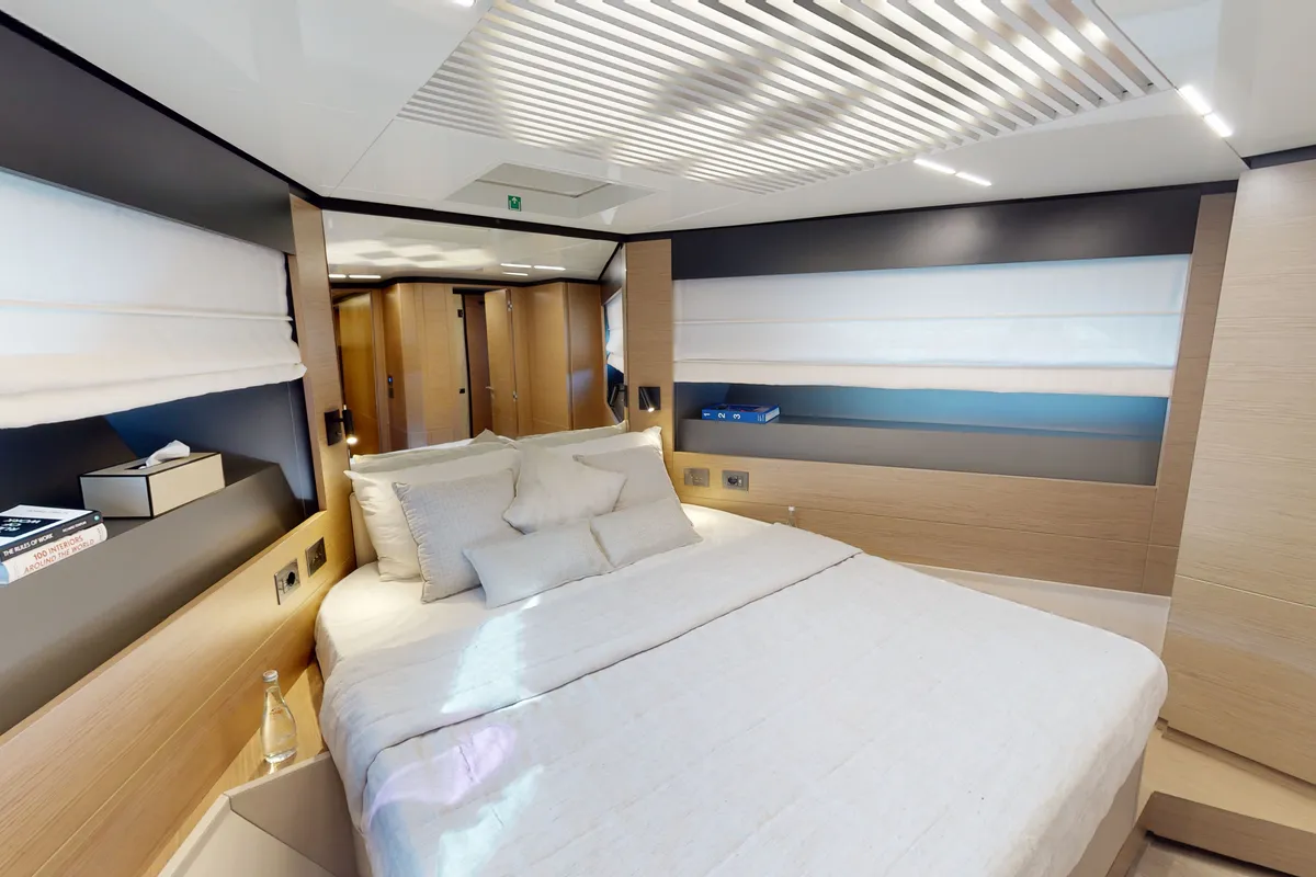 Solace 780, a Ferretti Ferretti 780 yacht at Dubai Harbour, United Arab Emirates