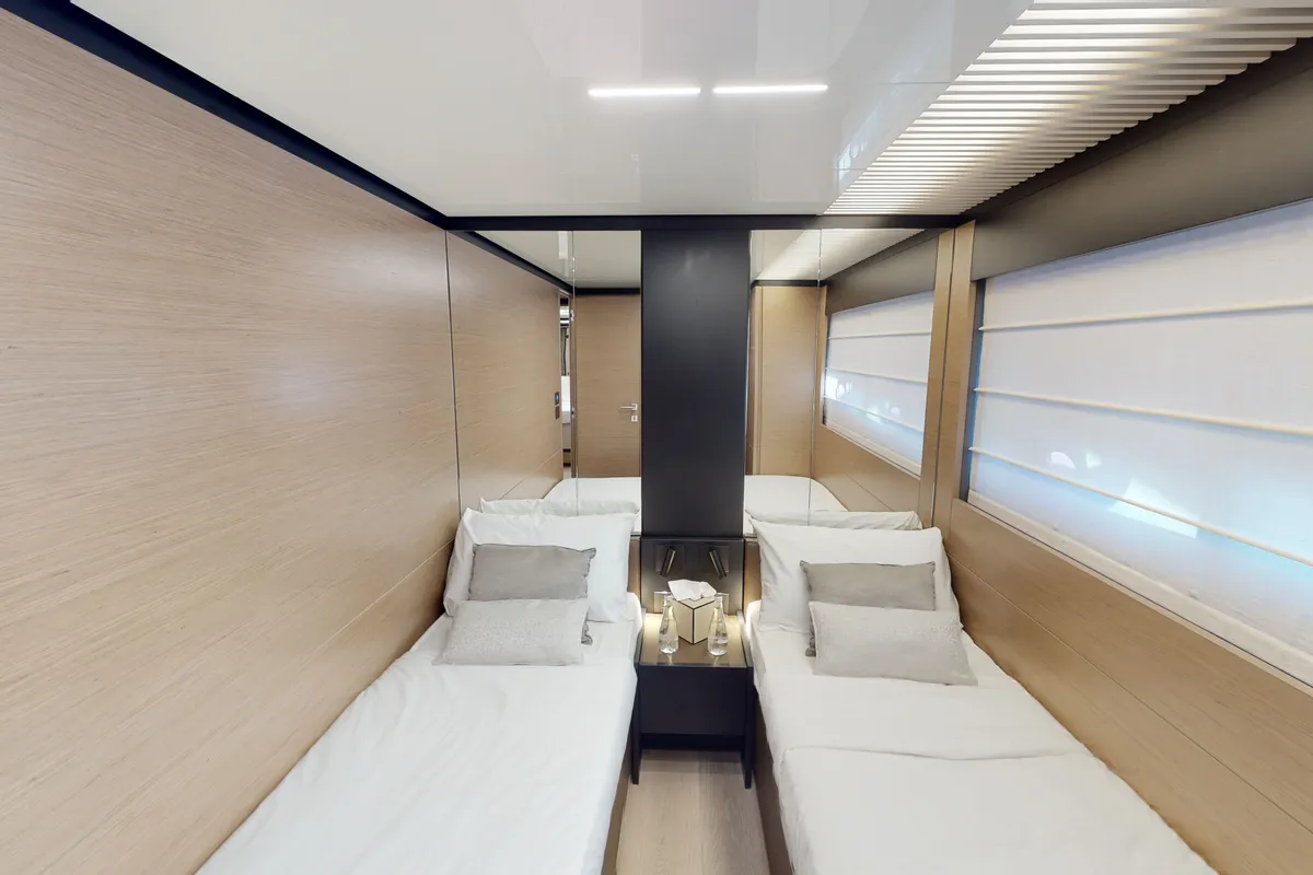 Solace 780, a Ferretti Ferretti 780 yacht at Dubai Harbour, United Arab Emirates