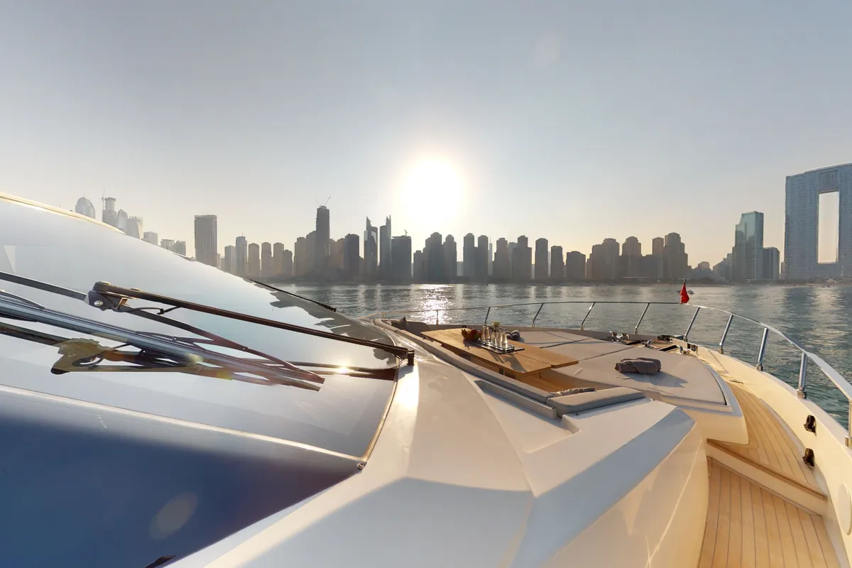Solace 780, a Ferretti Ferretti 780 yacht at Dubai Harbour, United Arab Emirates