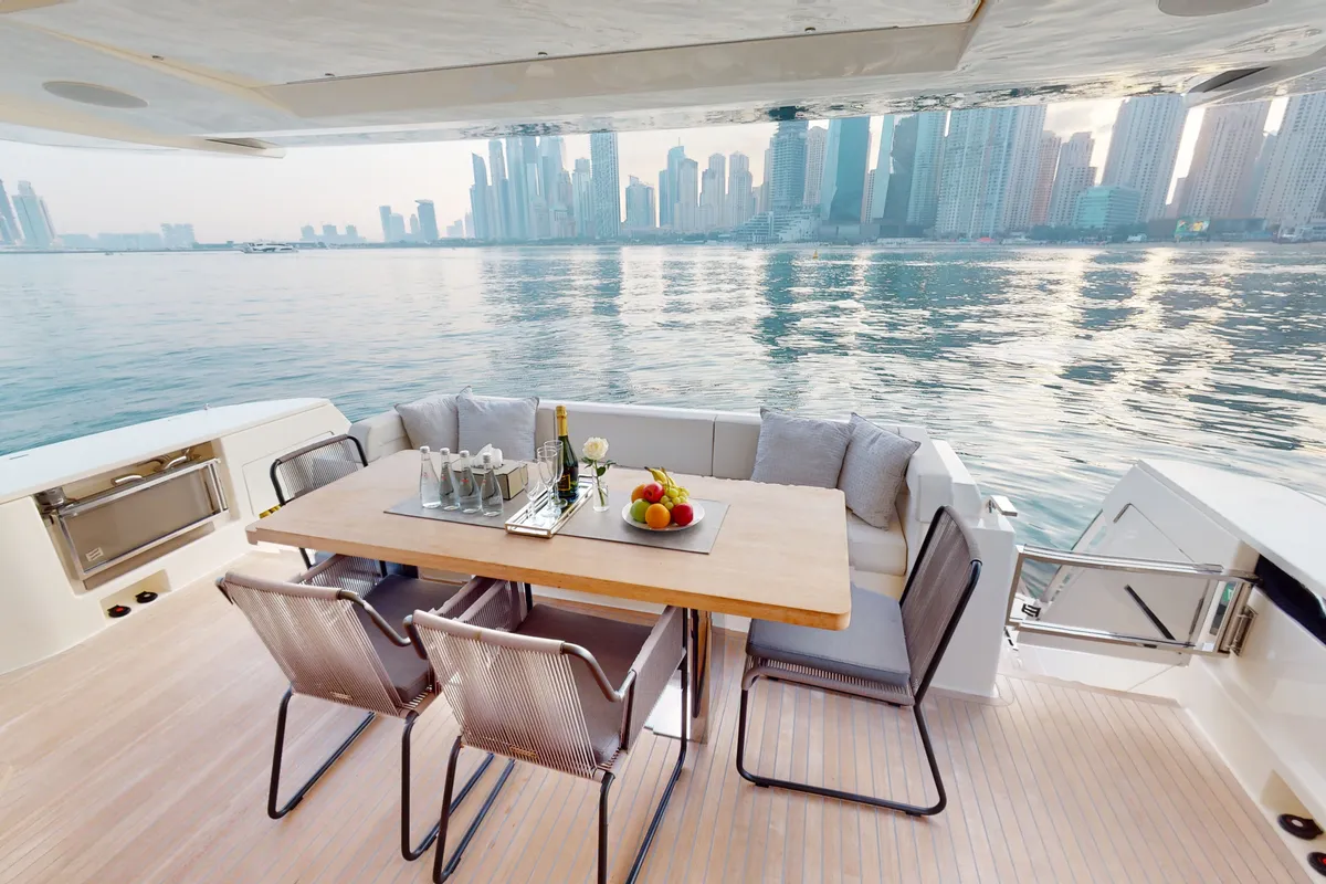 Solace 780, a Ferretti Ferretti 780 yacht at Dubai Harbour, United Arab Emirates
