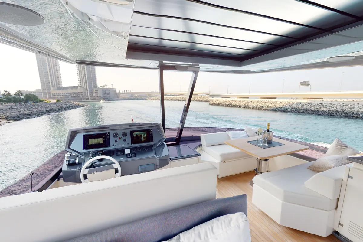 Solace 780, a Ferretti Ferretti 780 yacht at Dubai Harbour, United Arab Emirates