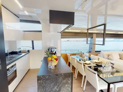 Solace 780, a Ferretti Ferretti 780 yacht at Dubai Harbour, United Arab Emirates