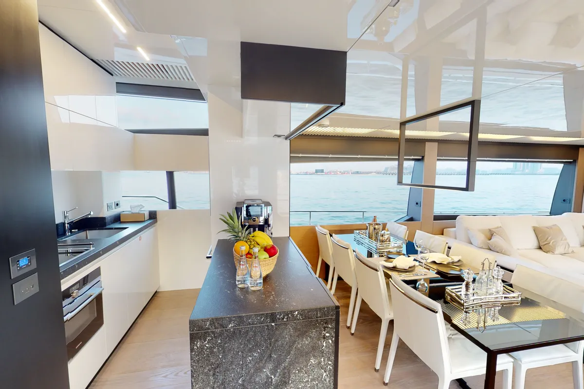 Solace 780, a Ferretti Ferretti 780 yacht at Dubai Harbour, United Arab Emirates