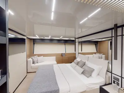 Solace 780, a Ferretti Ferretti 780 yacht at Dubai Harbour, United Arab Emirates