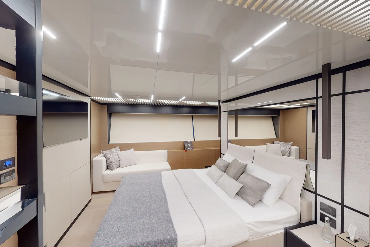 Solace 780, a Ferretti Ferretti 780 yacht at Dubai Harbour, United Arab Emirates