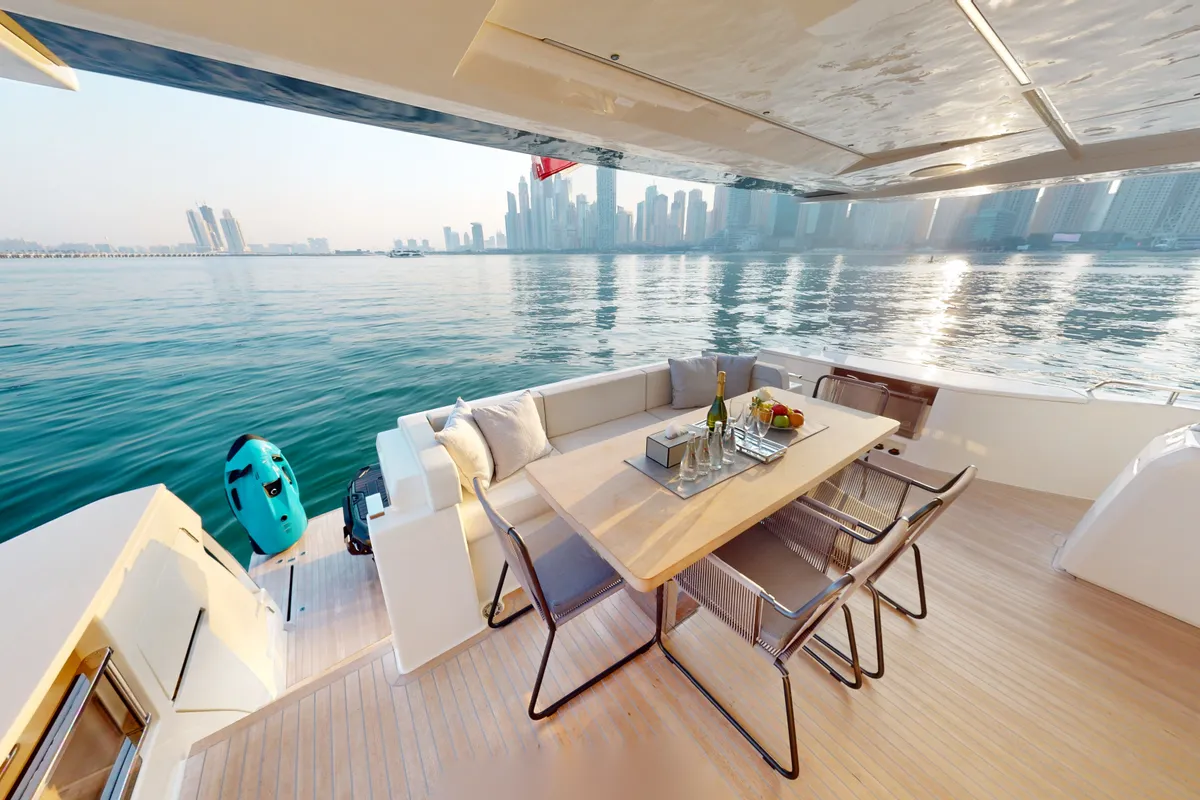 Solace 780, a Ferretti Ferretti 780 yacht at Dubai Harbour, United Arab Emirates