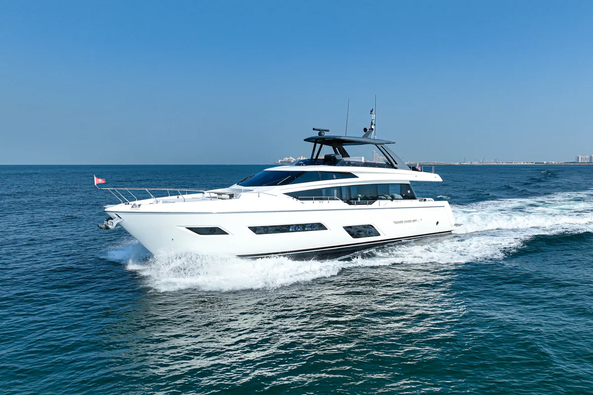 Solace 780, a Ferretti Ferretti 780 yacht at Dubai Harbour, United Arab Emirates
