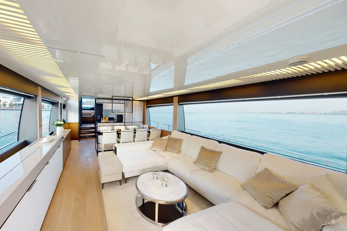 Solace 780, a Ferretti Ferretti 780 yacht at Dubai Harbour, United Arab Emirates