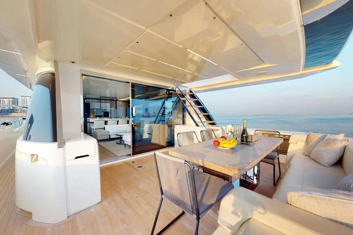 Solace 780, a Ferretti Ferretti 780 yacht at Dubai Harbour, United Arab Emirates