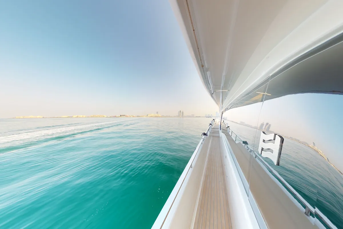 Solace 780, a Ferretti Ferretti 780 yacht at Dubai Harbour, United Arab Emirates