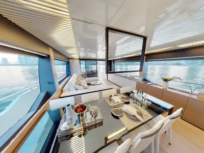Solace 780, a Ferretti Ferretti 780 yacht at Dubai Harbour, United Arab Emirates