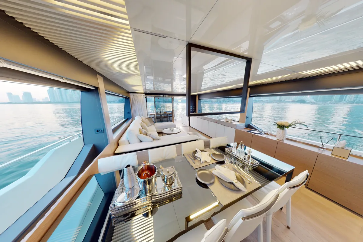 Solace 780, a Ferretti Ferretti 780 yacht at Dubai Harbour, United Arab Emirates