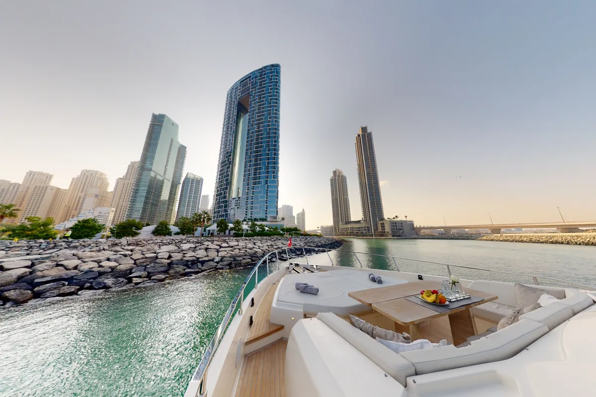 Solace 780, a Ferretti Ferretti 780 yacht at Dubai Harbour, United Arab Emirates