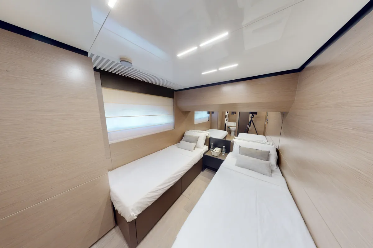 Solace 780, a Ferretti Ferretti 780 yacht at Dubai Harbour, United Arab Emirates