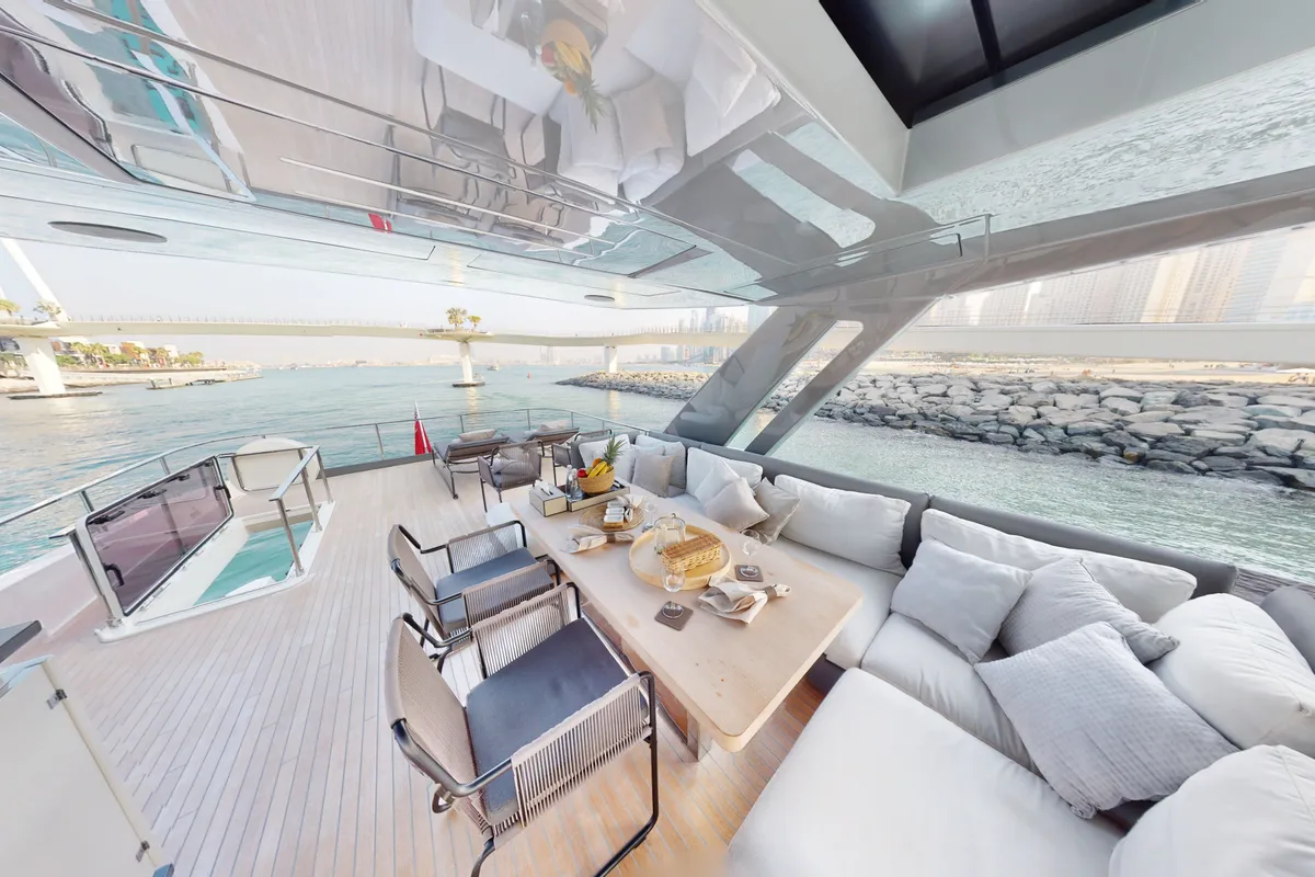 Solace 780, a Ferretti Ferretti 780 yacht at Dubai Harbour, United Arab Emirates