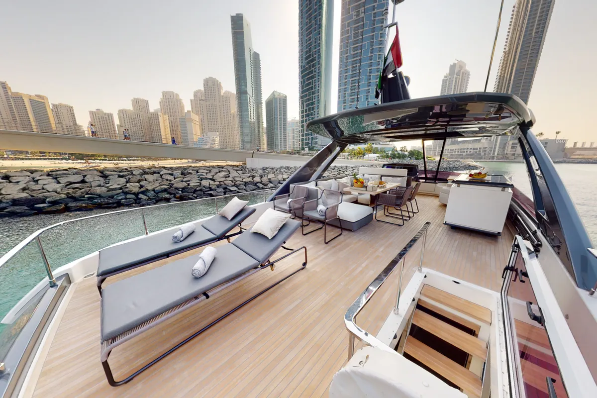 Solace 780, a Ferretti Ferretti 780 yacht at Dubai Harbour, United Arab Emirates