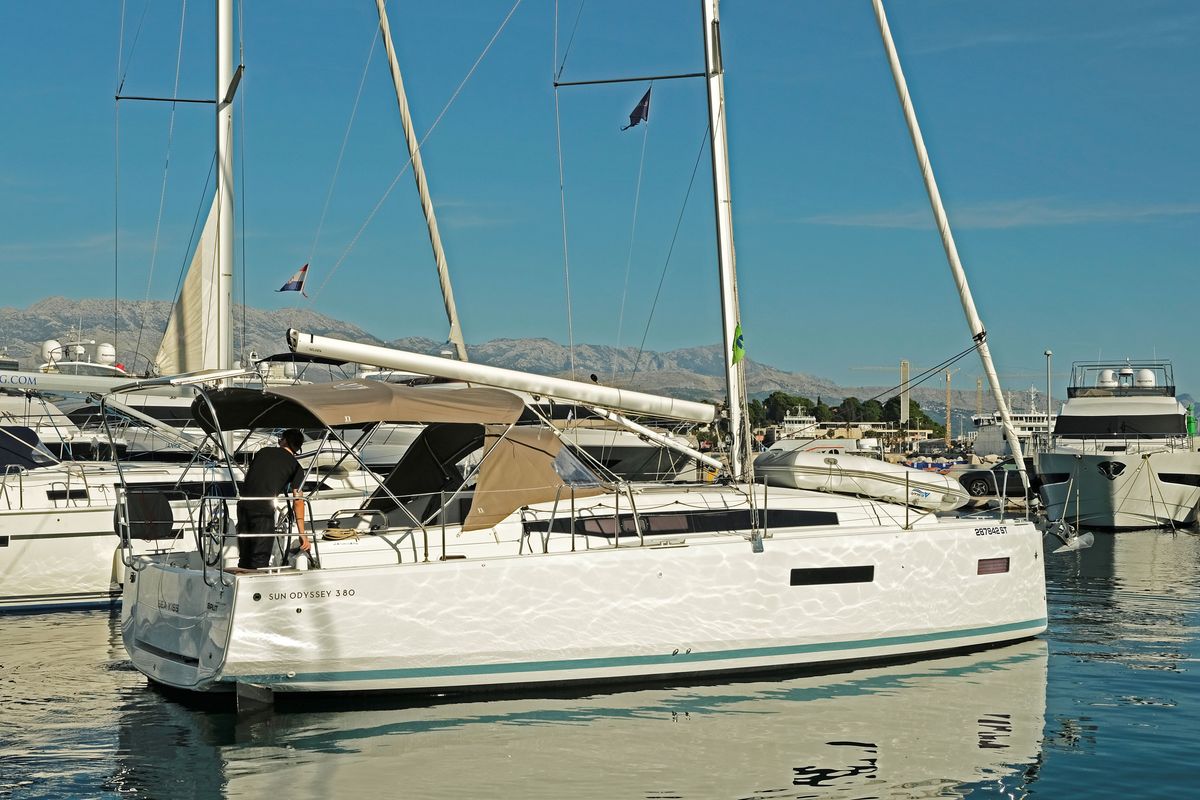 Exterior view of Sea Kiss, a Jeanneau Sun Odyssey 380 sailboat at Split, Croatia