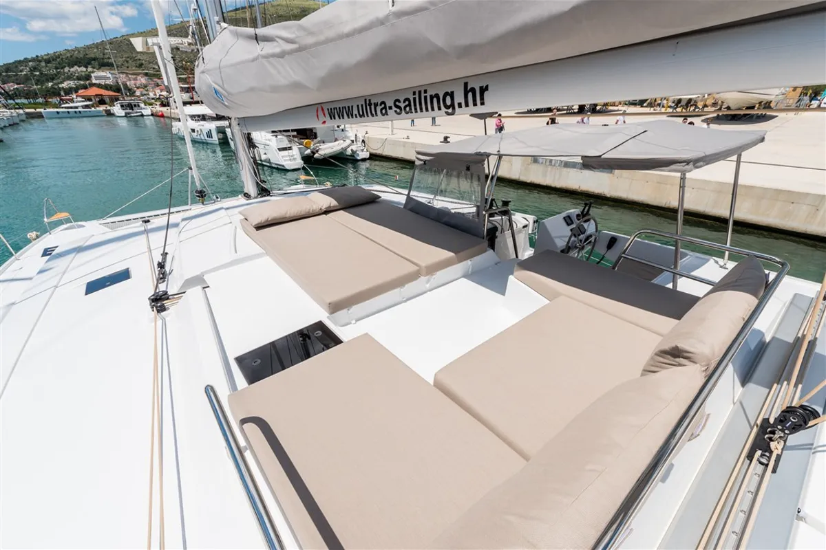 Deck of Sunny Wave, a Fountaine Pajot Saona 47 Quintet catamaran at Seget Donji, Croatia